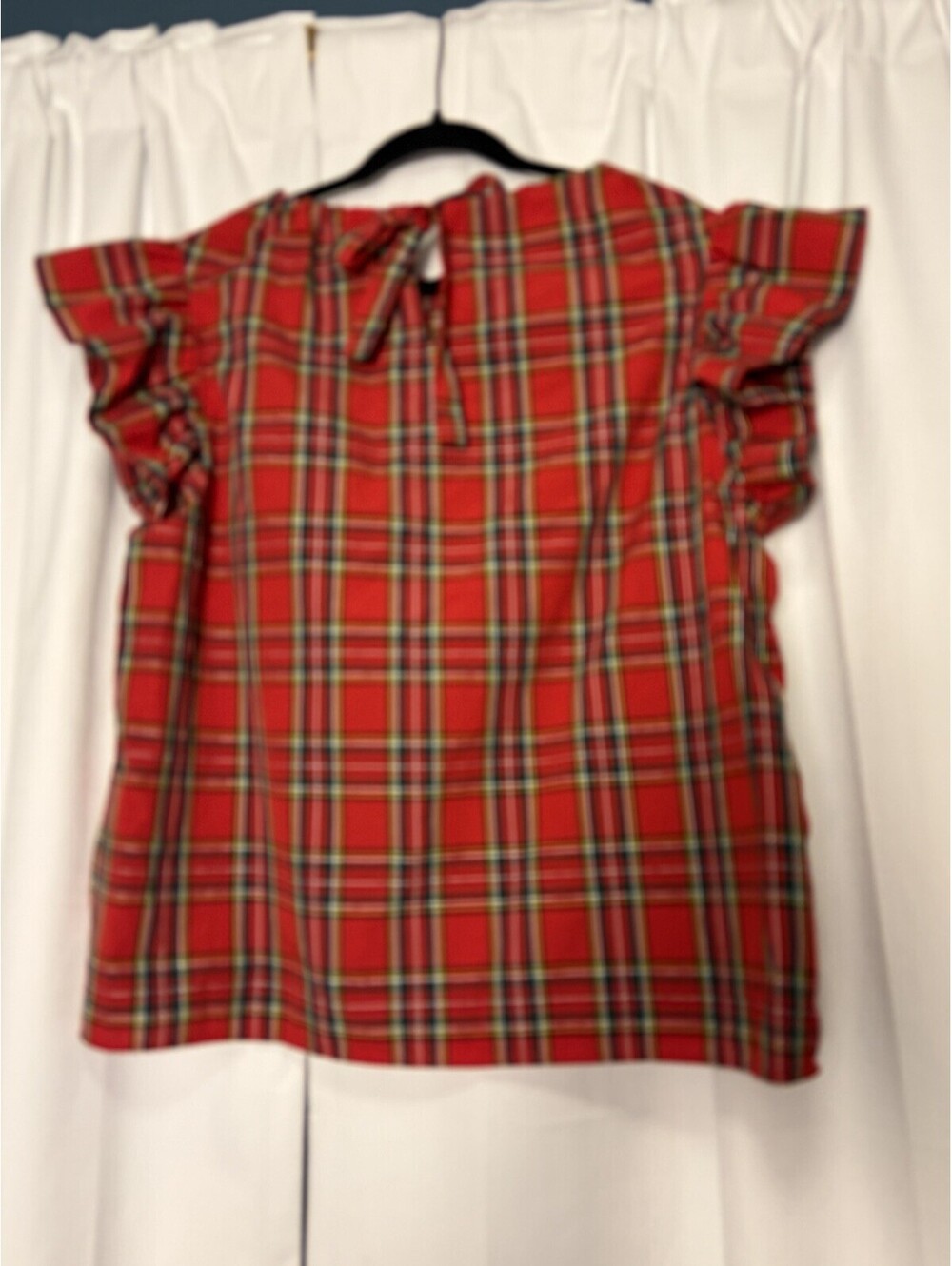 NWT Entro Red Plaid Flutter Sleeve Tie Neck Blouse. Size Large. Retail $48 - Picture 5 of 8